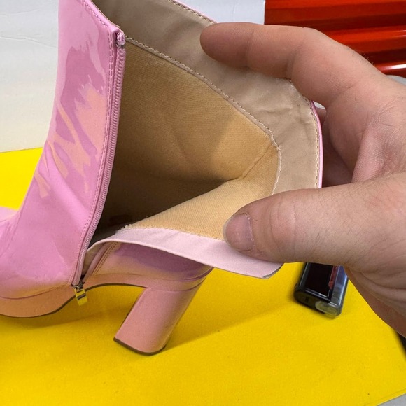 Pink Patent Leather Platform Boots Square Toe Block Heel Mid Calf Side Zip Shoes - Picture 9 of 10